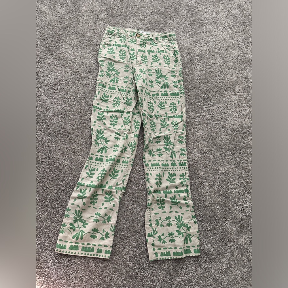 small, zara boho floral printed pants, green and tan color